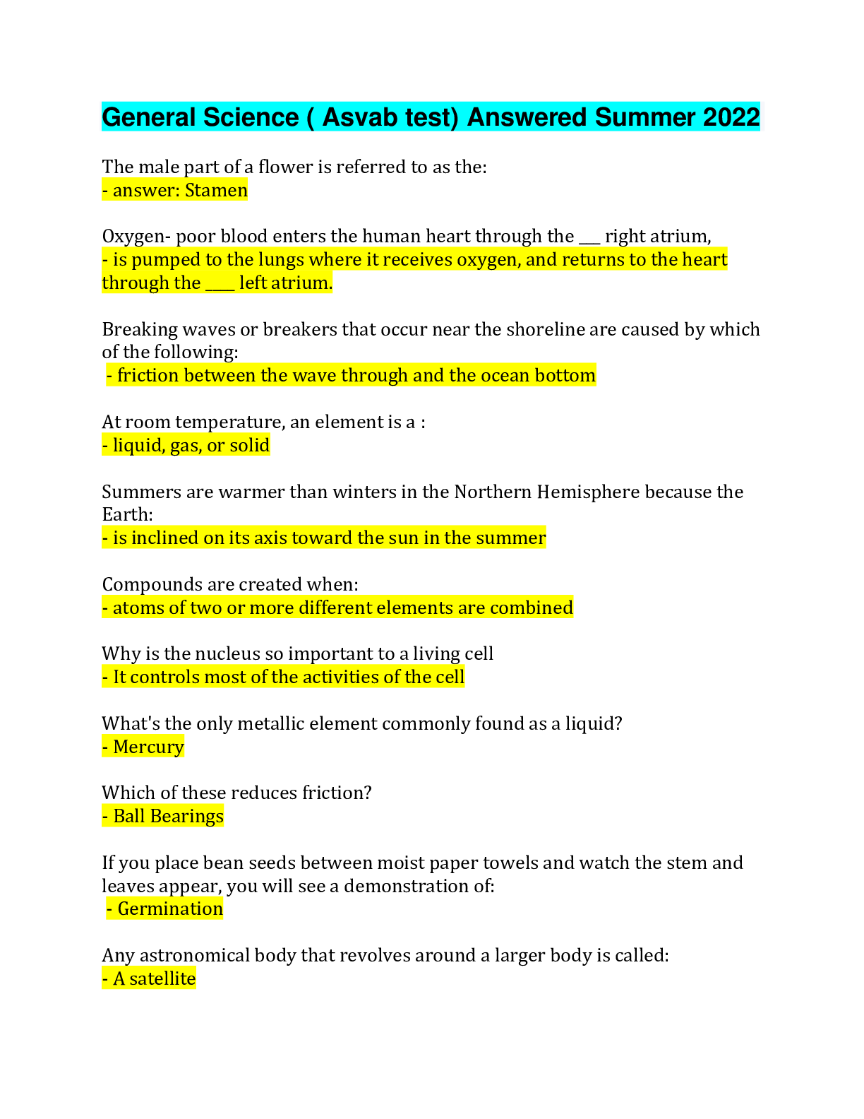 Preview image for General Science ( Asvab test) Answered Summer  